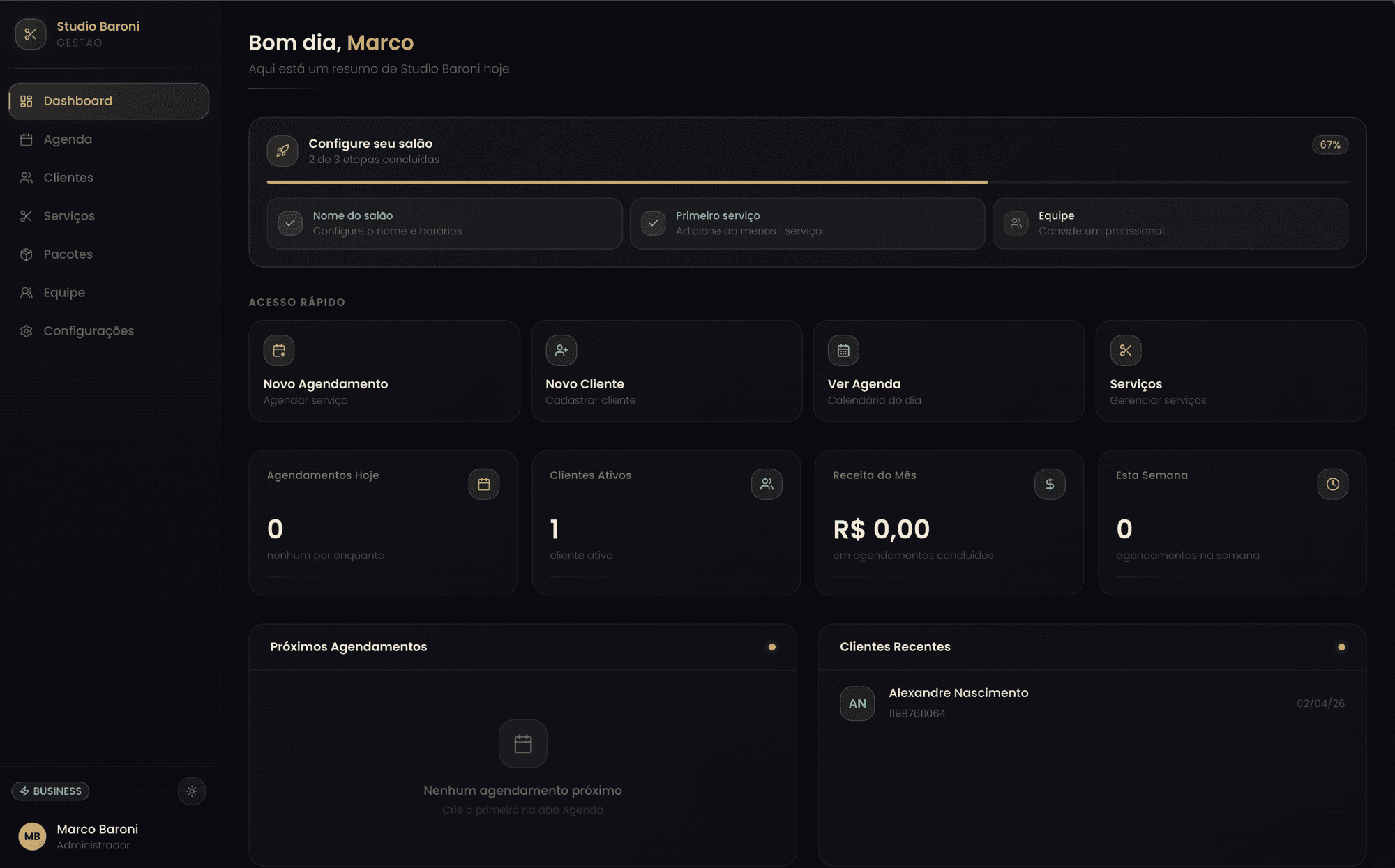 Dashboard do Orna — visão geral do salão